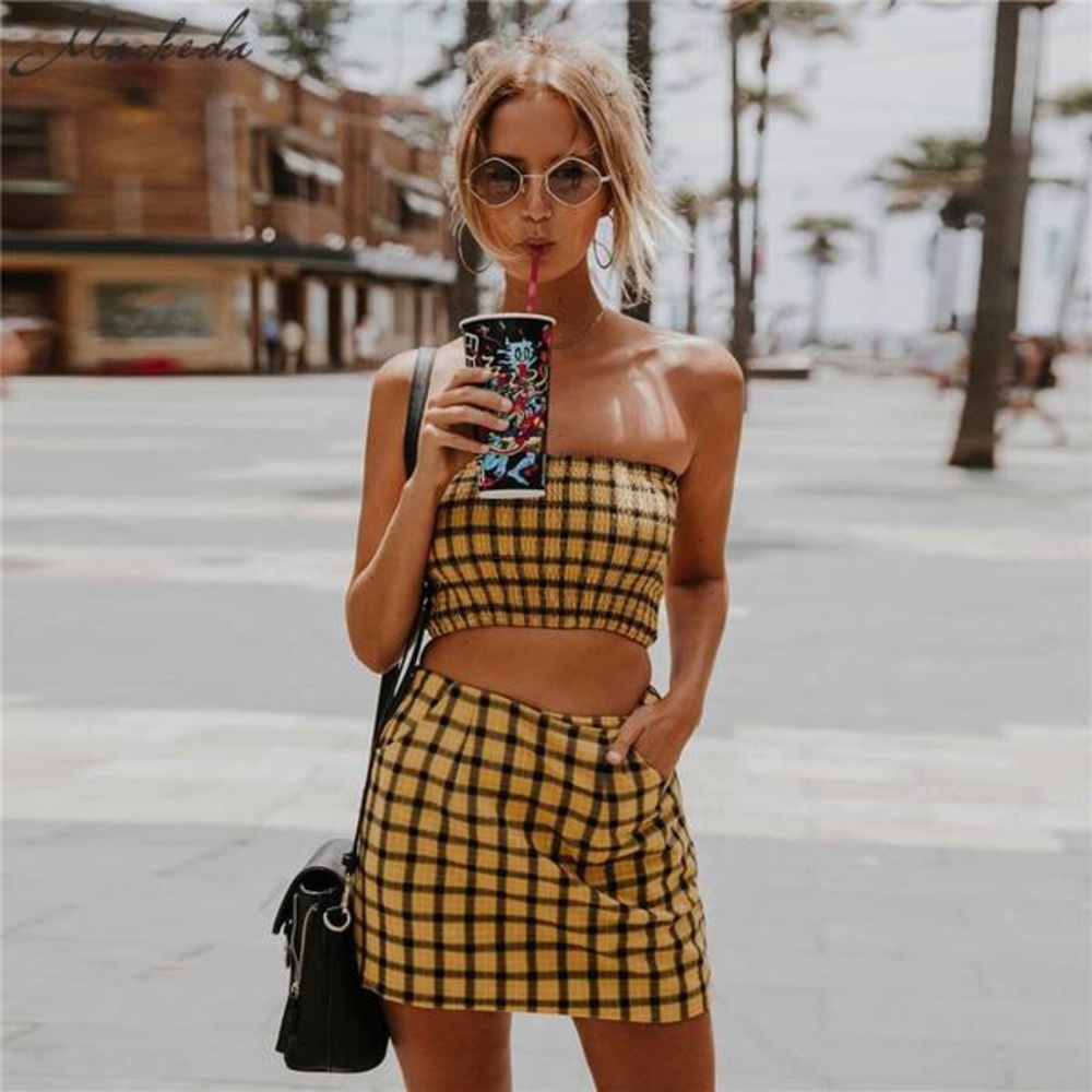 Plaid yellow skirt set